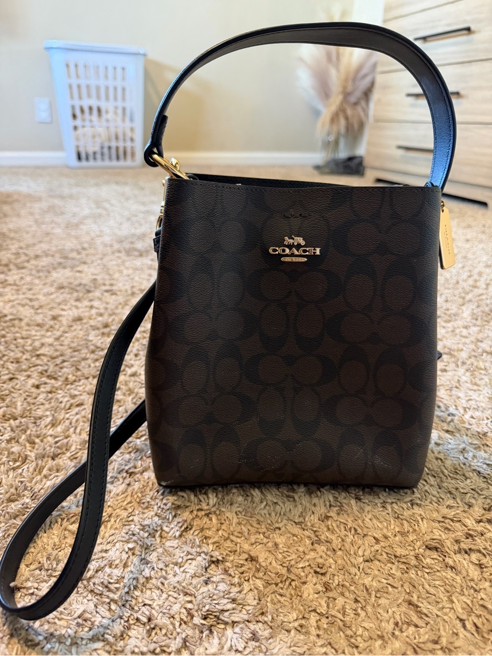 Coach Brown Signature  Bucket Crossbody Bag with Gold Hardware